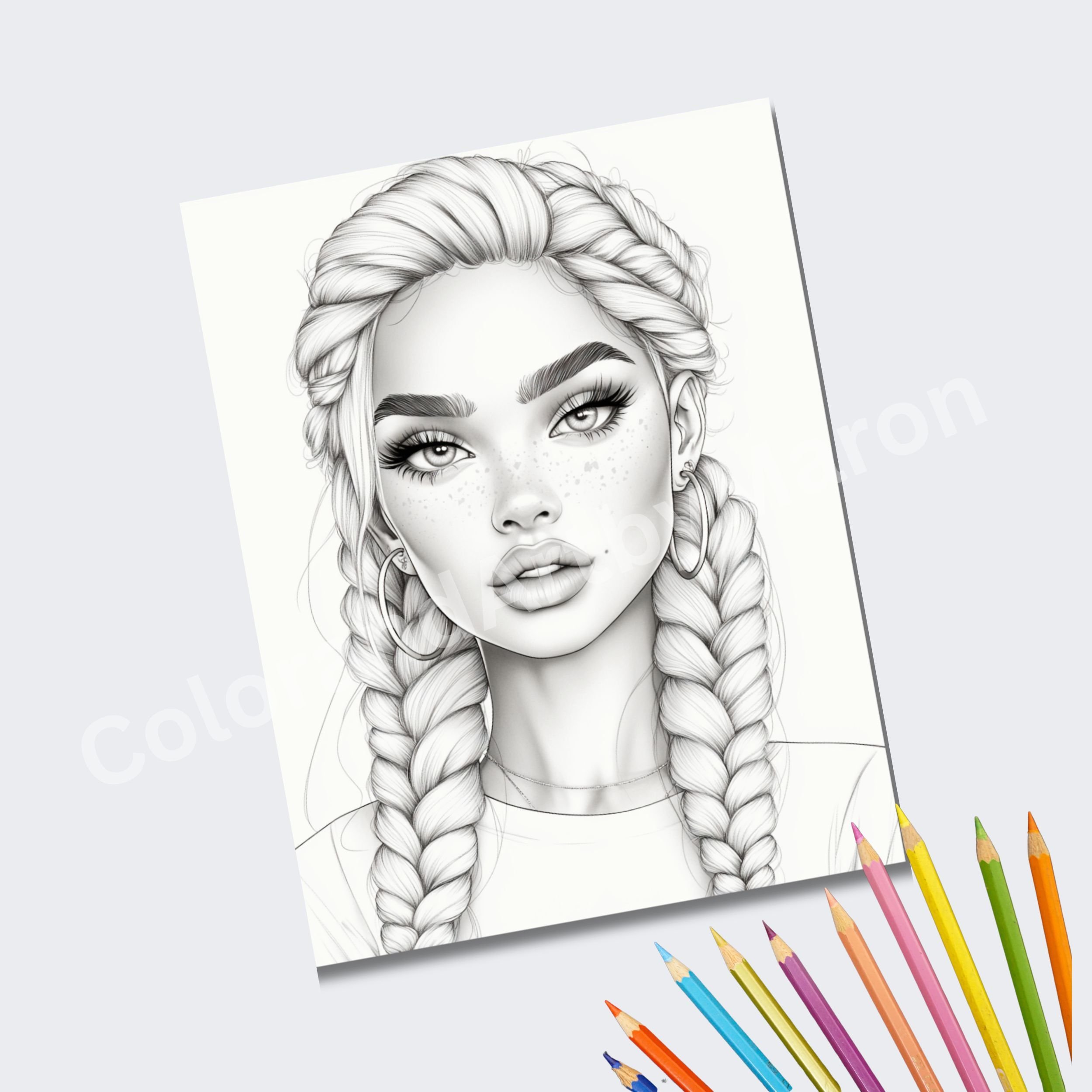 BEAUTIFUL BRAIDED HAIRSTYLES GREYSCALE COLORING PAGES 30 X (6)