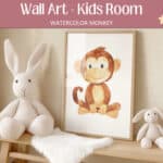 Soft watercolor monkey nursery wall art featuring a charming monkey illustration, perfect for gender-neutral baby room decor.