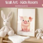 Soft watercolor pig nursery wall art featuring a charming pig illustration, perfect for gender-neutral baby room decor.