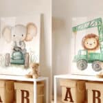Printable Kids Wall Decor – Safari Animals Driving Farm Vehicles | Instant download nursery artwork, perfect for baby shower gifts.