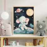 Space Explorer Animal Art – Giraffe, Lion & Elephant in Outer Space | Fun and magical wall decor for kids who love space and adventure.