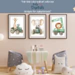 Farm & Safari Animal Wall Art – Baby Giraffe on a Tractor | Playful watercolor giraffe illustration for a gender-neutral nursery, toddler room, or playroom.