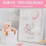 Watercolor Elephant Pink Balloon Print – Baby Girl Nursery Wall Art | A cute baby elephant sitting on clouds, holding a pink balloon, perfect for a pastel nursery.