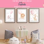 Pink Balloon Elephant Illustration – Baby Animal Wall Art | Sweet elephant print with soft clouds and pastel tones, great for a baby girl’s nursery or toddler room.