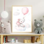 Whimsical Elephant Nursery Print – Instant Download Baby Room Art | Cute baby elephant with a pink balloon in dreamy watercolor, perfect for a soft and elegant nursery.