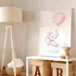 Pastel Safari Animal Print – Cute Elephant with Balloon | Gentle watercolor elephant wall art with floating pink balloon, great for baby shower gifts or nursery decor.