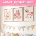 Floral Fantasy Nursery Art – Magical Fairytale Prints | A golden princess, mystical unicorn & enchanted castle for girls’ room decor.