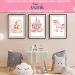Pink Unicorn & Castle Poster Set – Fairytale Kids’ Room Art | Watercolor nursery decor with an enchanted theme for little dreamers.
