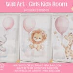Watercolor Pastel Safari Animals – Pink Balloon Art Set | Perfect for Baby Girl’s Room, Toddler Space & Baby Shower Gifts.