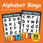 Two Alphabet Bingo cards for kids displayed on an orange background, showing bold lowercase letters and colorful chalk at the bottom.