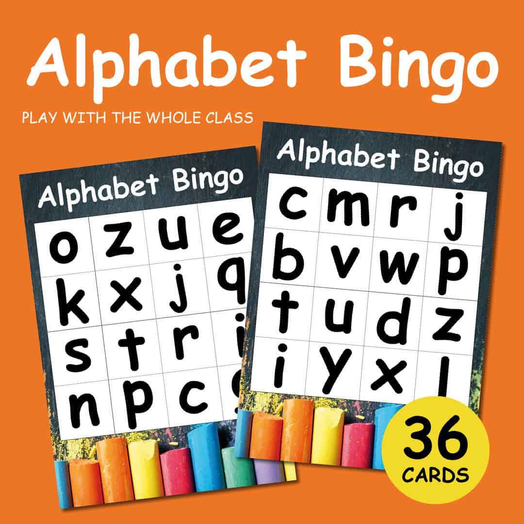 Alphabet Bingo – Fun and Educational Game for the Whole Class Two Alphabet Bingo cards for kids displayed on an orange background, showing bold lowercase letters and colorful chalk at the bottom.