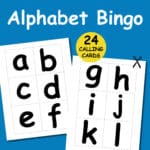 Printable alphabet calling cards on a blue background, featuring lowercase letters a through l in large square tiles.