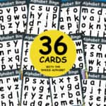 Full view of 36 Alphabet Bingo cards arranged in a scattered layout, each card showing different combinations of lowercase letters.