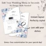 editable wedding dinner menu template open in Canva with custom dish names