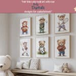 American football themed nursery print of a teddy bear in hoodie, soft watercolor design suitable for baby room sports decor.