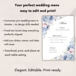 folded wedding table menu next to wine glass and personalized place card