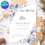 Minimalist Canva wedding save the date template with editable text in soft neutral tones.