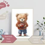 Cozy football nursery decor featuring a watercolor teddy bear, perfect for boys' baby rooms, toddlers’ spaces, or playrooms.