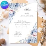 wedding menu template displayed on an elegant table setting with soft florals
