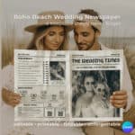Couple reading a beach wedding newspaper with quiz, photo, and QR codes in boho beach setting.