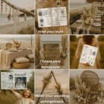 Wedding newspaper template pages displayed in beach boho wedding scene with accessories.