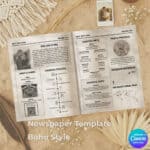 Boho beach wedding newspaper template with timeline, quiz, and QR codes – laid on soft sand-inspired fabric.