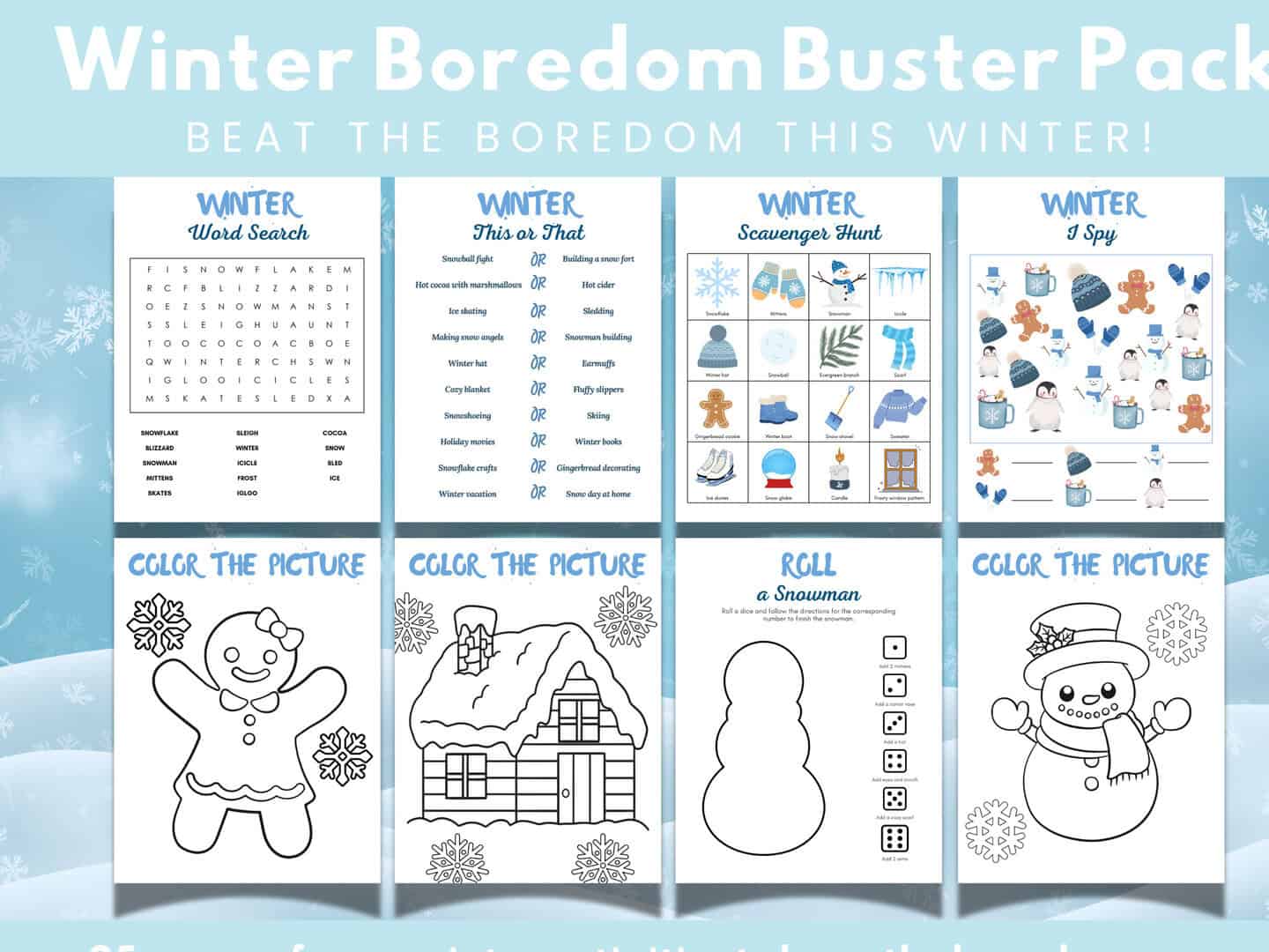 Winter Activity Pack for Kids Printable Bundle with Coloring Pages Winter Activity Pack for Kids Printable Bundle with Coloring Pages