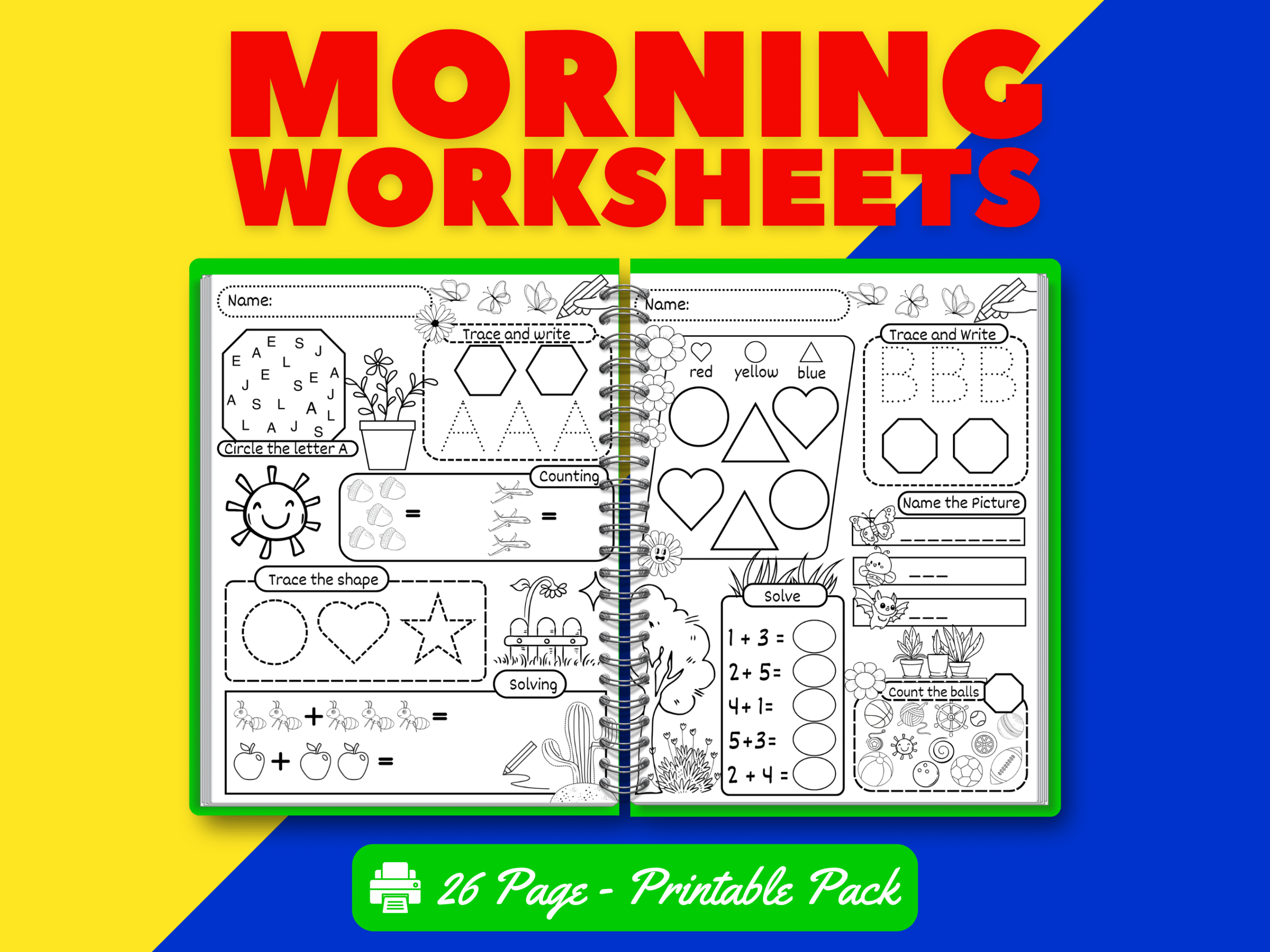 Kindergarten Morning Work Printable Math & Tracing Worksheets for